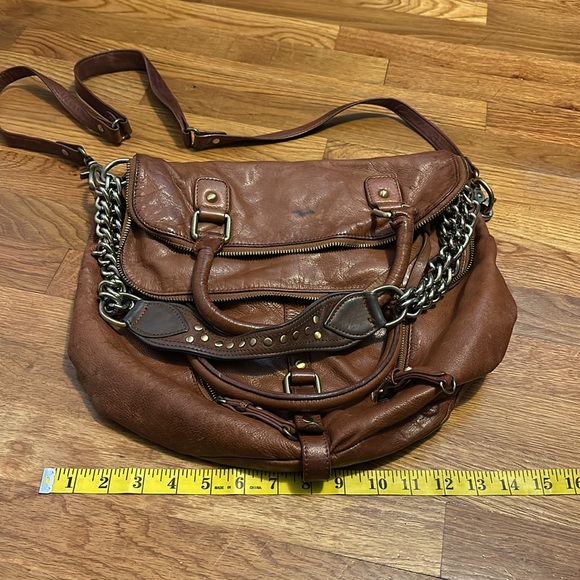 Sabina Fold Over Chain Metal Leather Brown Crossbody Boho Purse Bag Retro - Picture 3 of 13